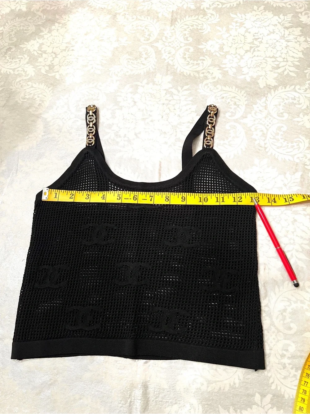 CHANEL White Knit Tee with Black Mesh Overlay Top size XS